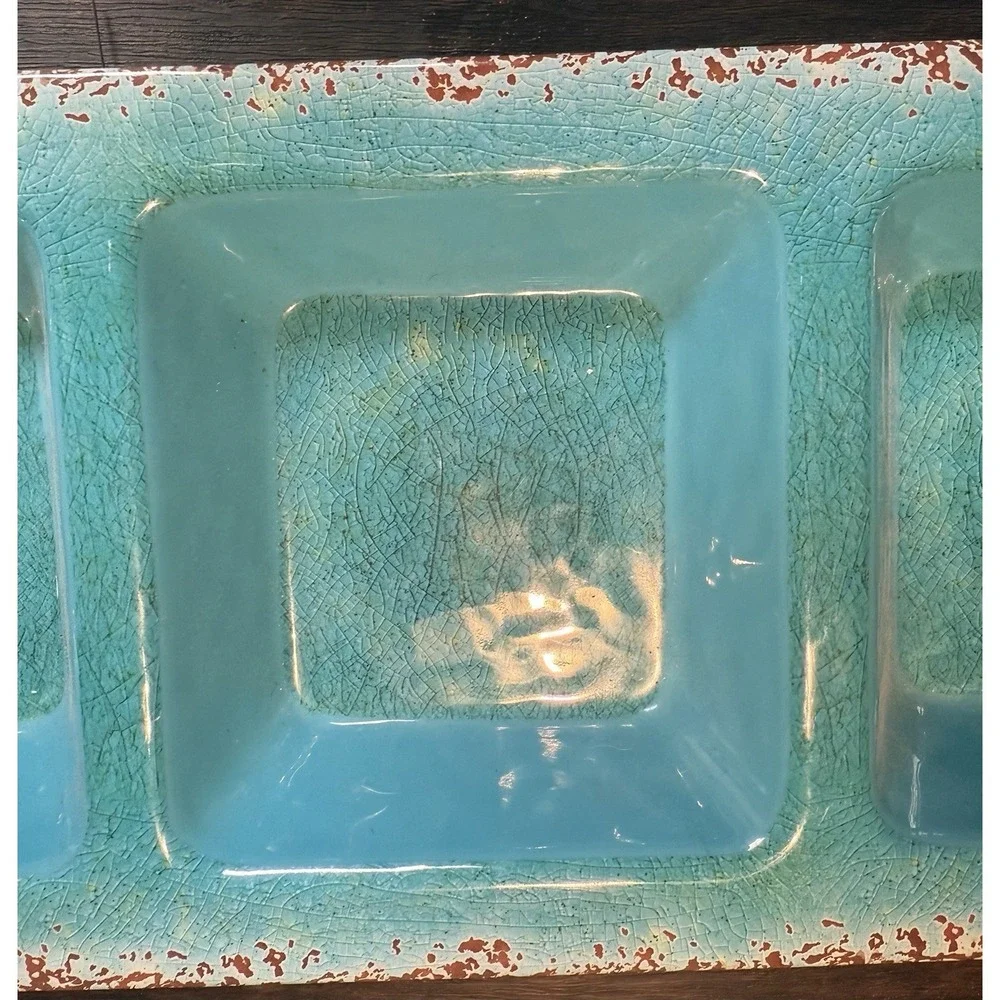 PIER‎ 1 Carmelo Crackle Aqua Blue Teal Melamine 3 Part Serving Tray Rustic 19.5